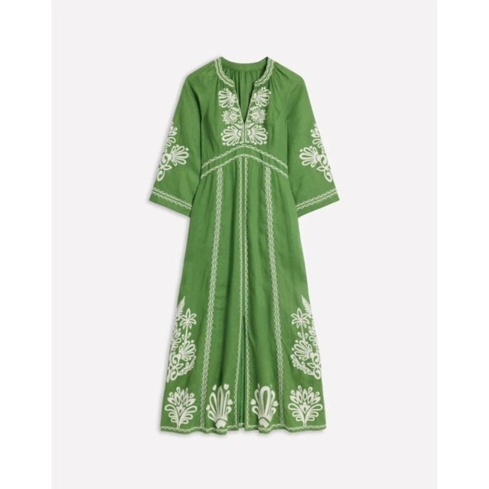 Boden Una Linen Embroidered Maxi Dress US Sz 6 R Green Embroidered Pockets - Picture 3 of 7